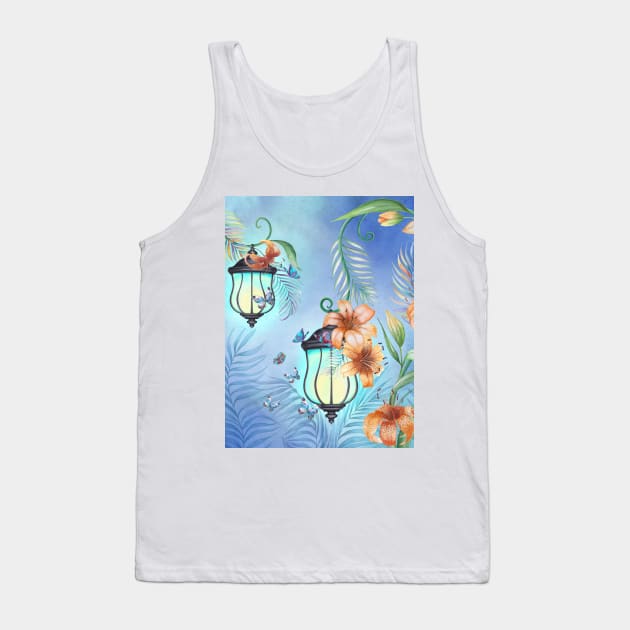 Vintage streetlights with Lily flowers and tropical leaves ornament. Magic floral scenery. Fairy spring garden watercolor illustration Tank Top by likapix